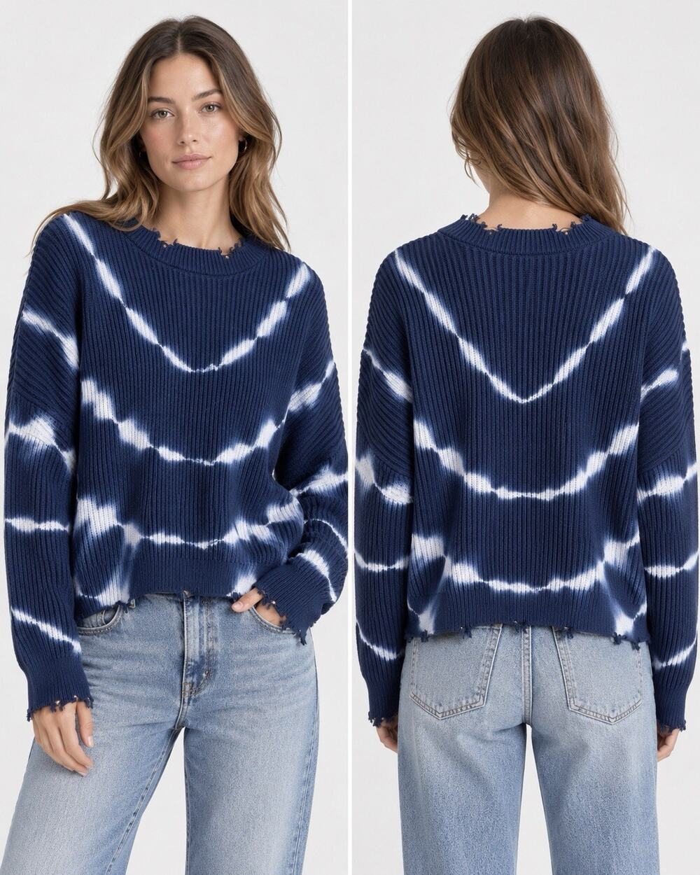 Pistola Eva Sweater Women's L Navy Blue White Tie Dye Cotton Distressed Cropped
